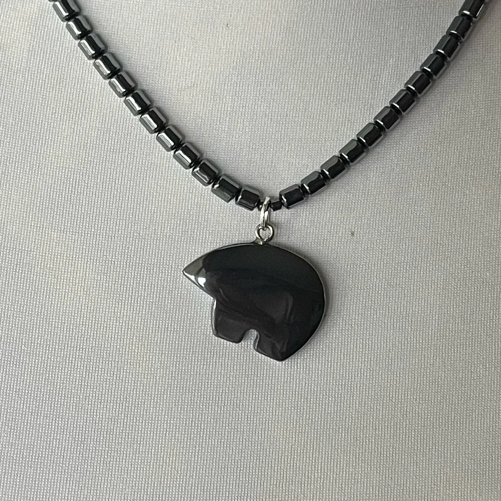 Hematite Bead Necklace and Bear Pendant